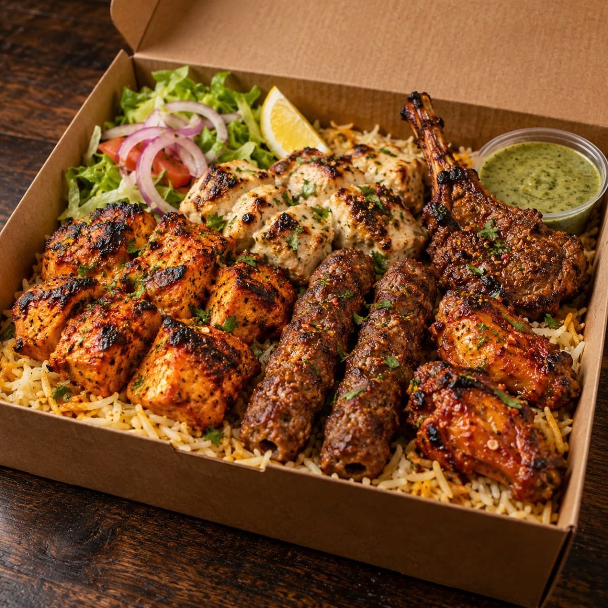 Mixed Grill Box with tikka, seekh kebab, malai boti, lamb chop and wings at Hazara Spice, Nelson